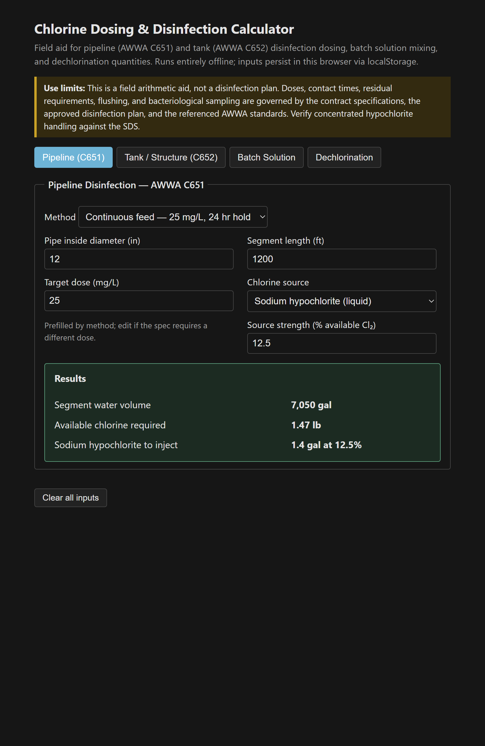 The pipeline tab of the calculator showing segment volume, available chlorine required, and gallons of sodium hypochlorite to inject