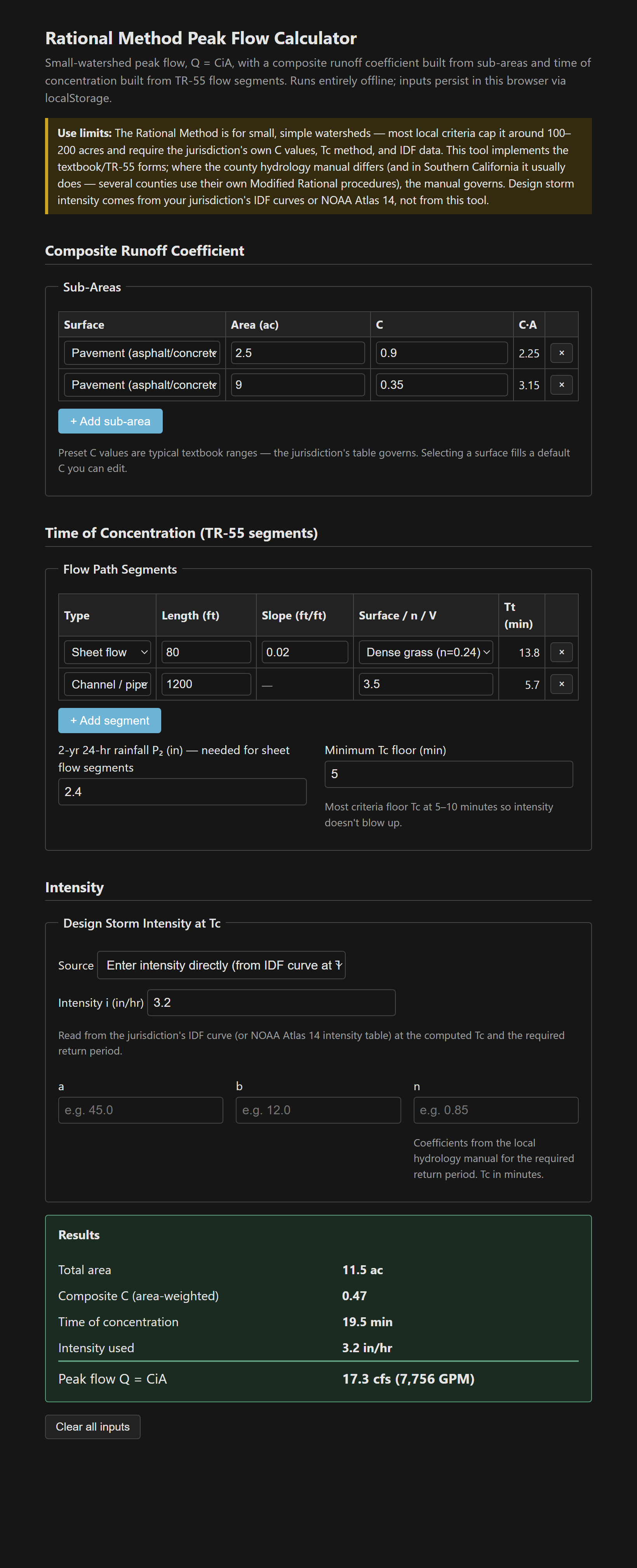 Composite C builder and TR-55 segment table summing to a time of concentration and a peak flow