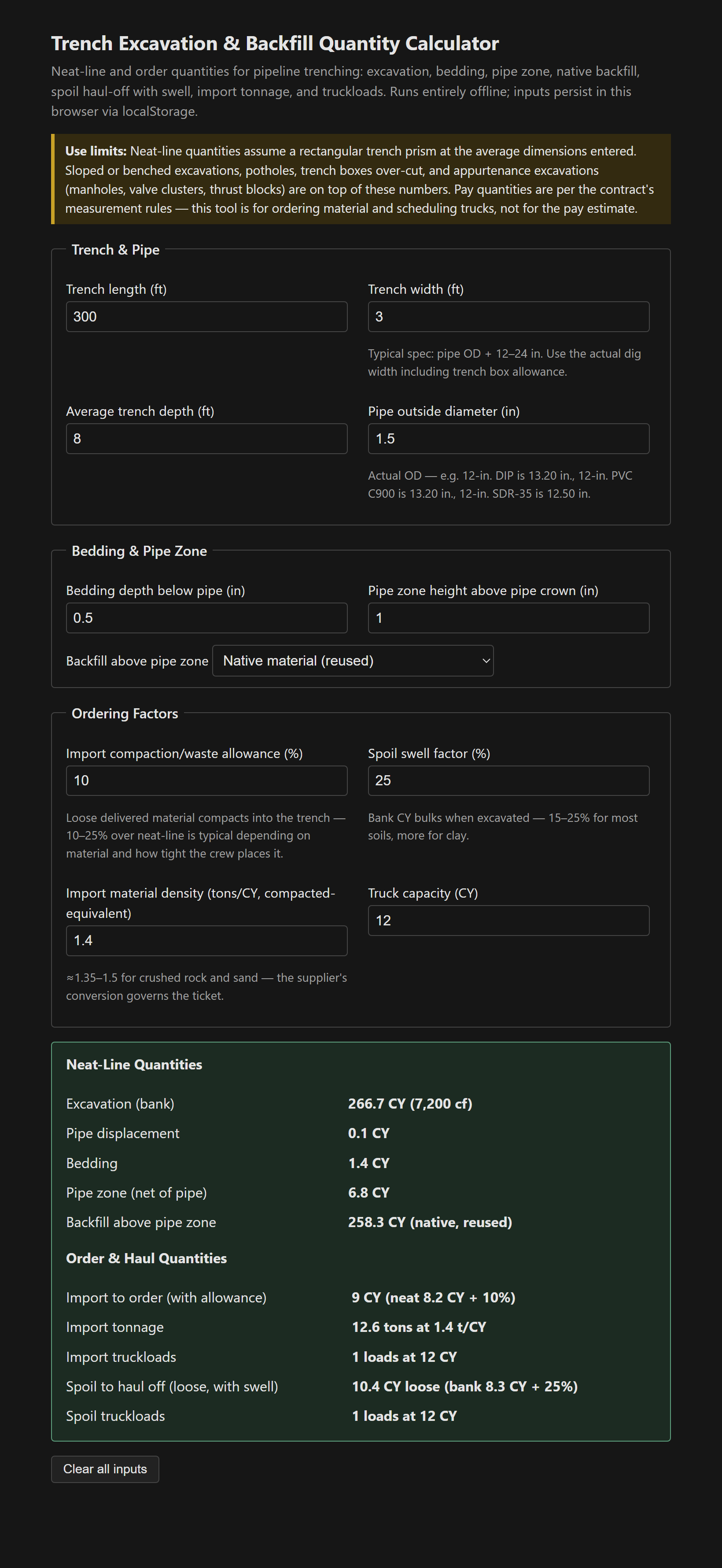 Calculator output showing excavation, bedding, pipe zone, spoil with swell, import tonnage, and truckloads