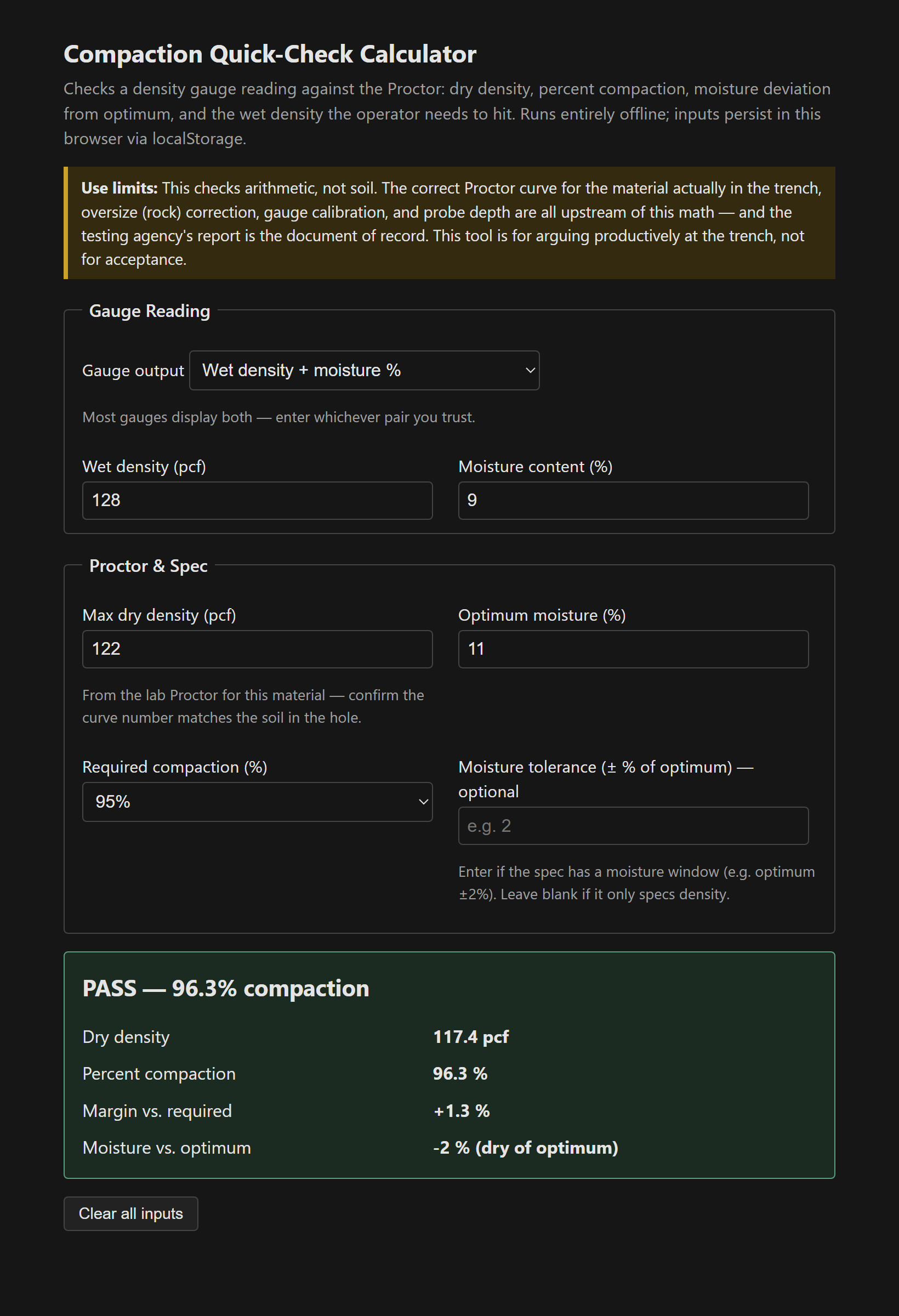 Calculator showing dry density, percent compaction, moisture deviation from optimum, and required wet density