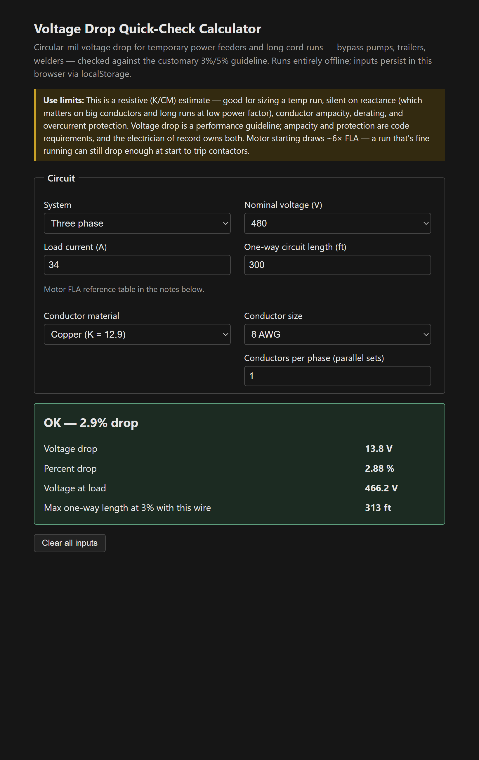 Calculator showing percent voltage drop for a 480 V three-phase run against the 3 percent guideline