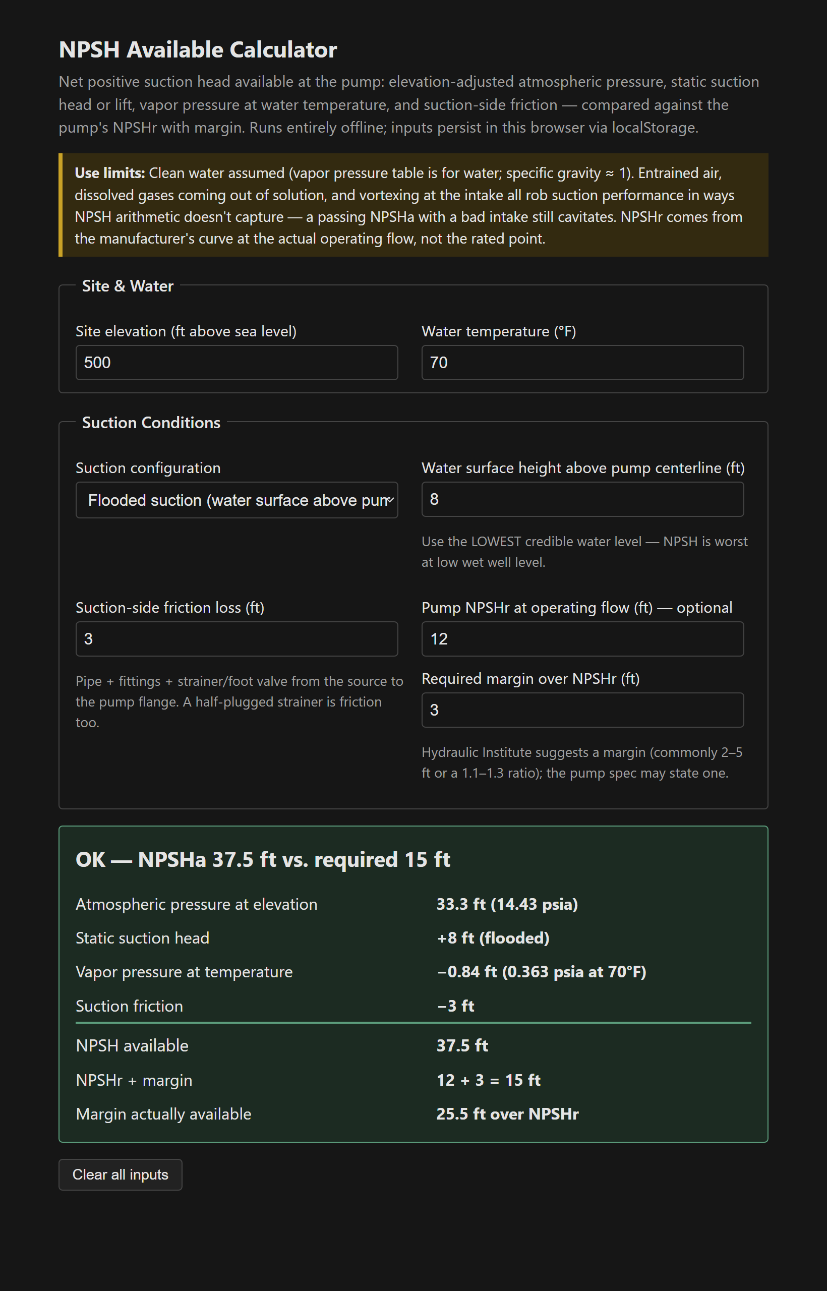 Calculator summing atmospheric, static, vapor pressure, and friction terms into NPSHa with margin over NPSHr