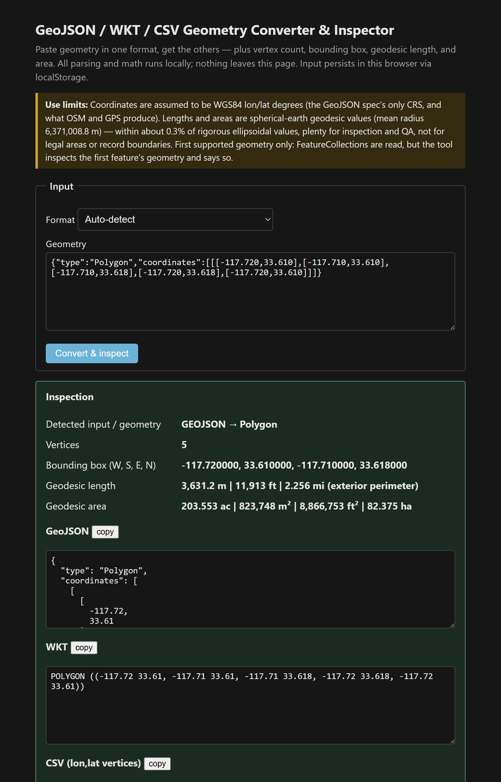 Geometry pasted as WKT with GeoJSON output, vertex count, bounding box, and geodesic area inspection