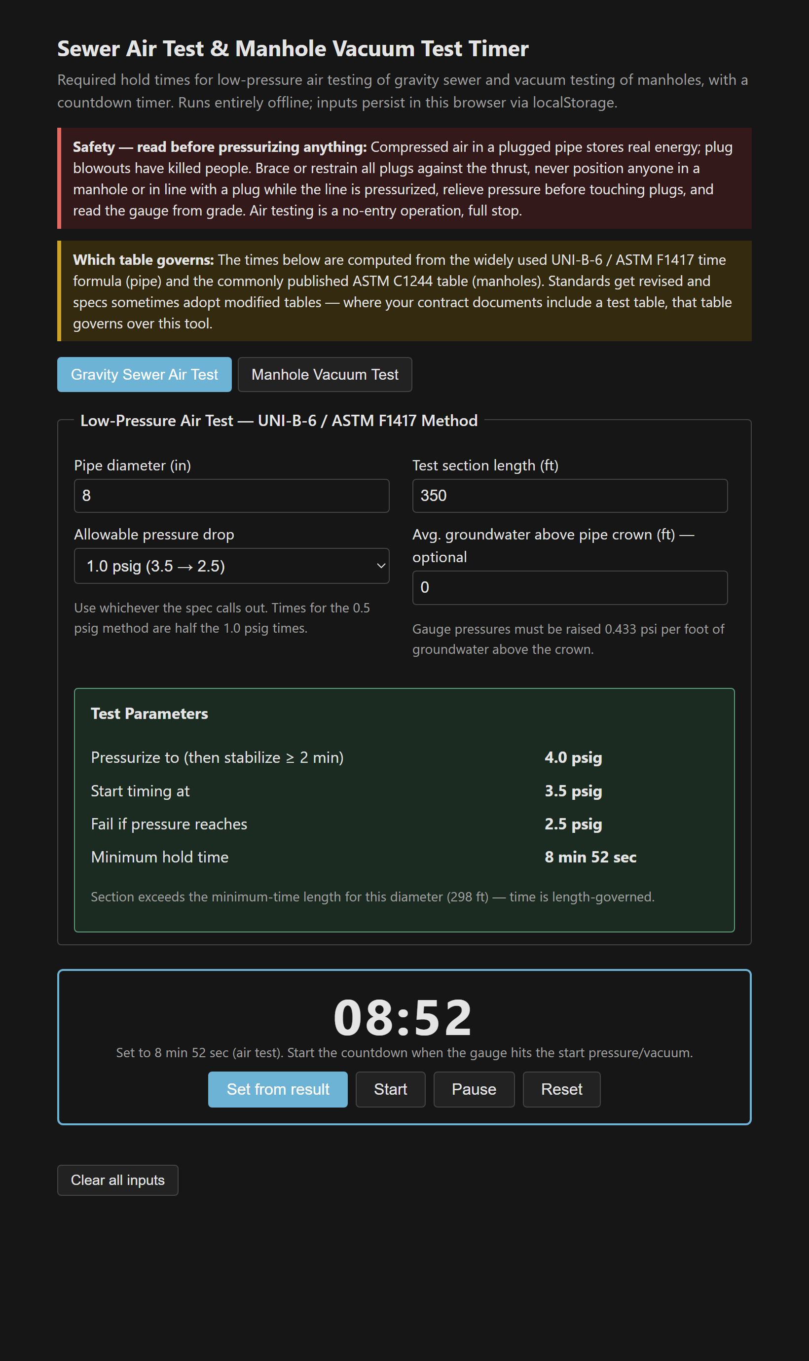 The calculator showing required hold time and a running countdown timer for an 8-inch sewer air test