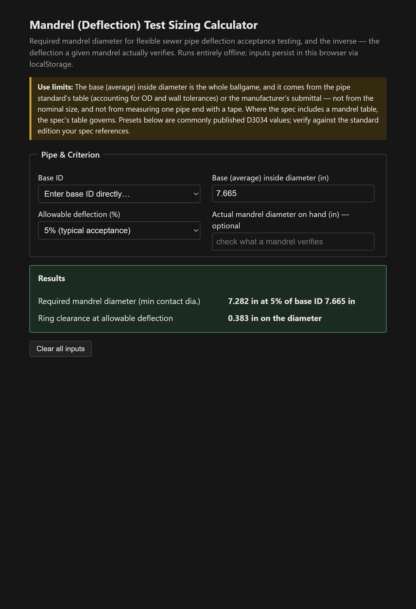 Calculator showing base ID, deflection limit, and resulting mandrel diameter, with the inverse check mode