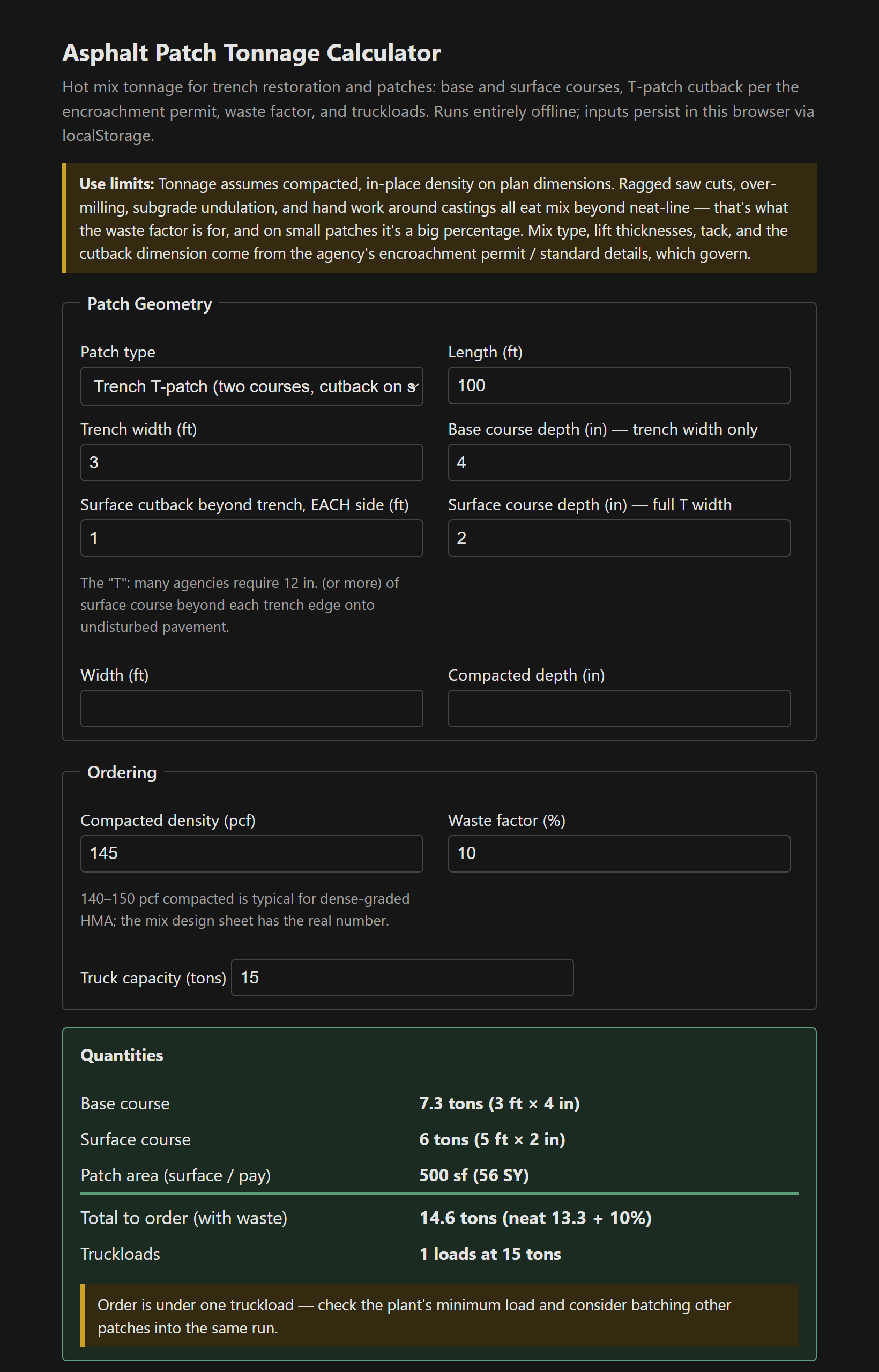 Calculator showing base and surface course tonnage for a T-patch with cutback, waste factor, and truckloads