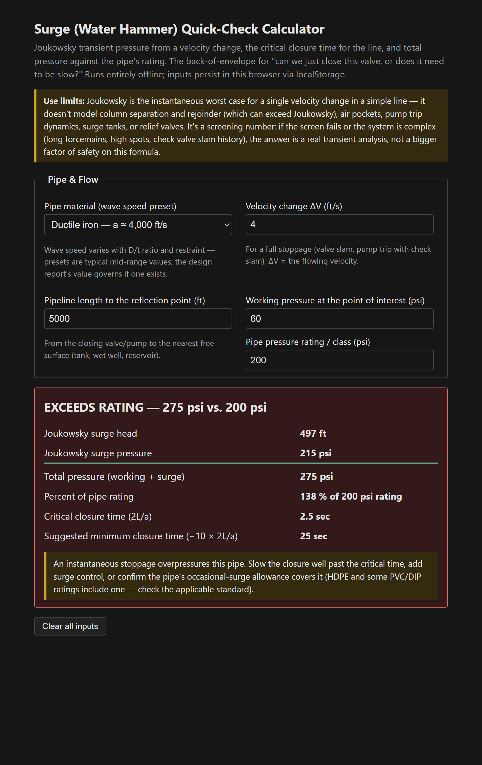 Calculator showing Joukowsky pressure rise, critical closure time, and total pressure against the pipe rating