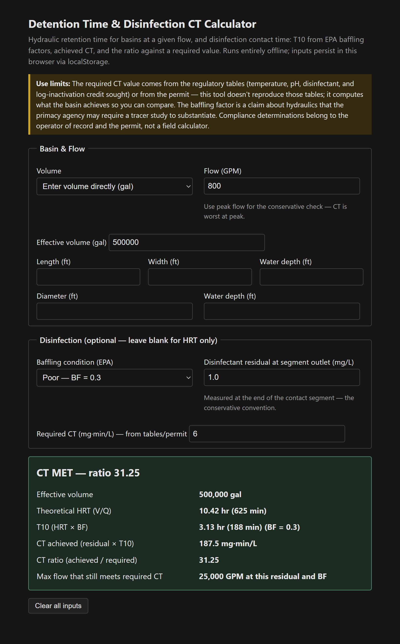 Calculator showing HRT, T10 from the selected baffling factor, achieved CT, and the ratio against required CT