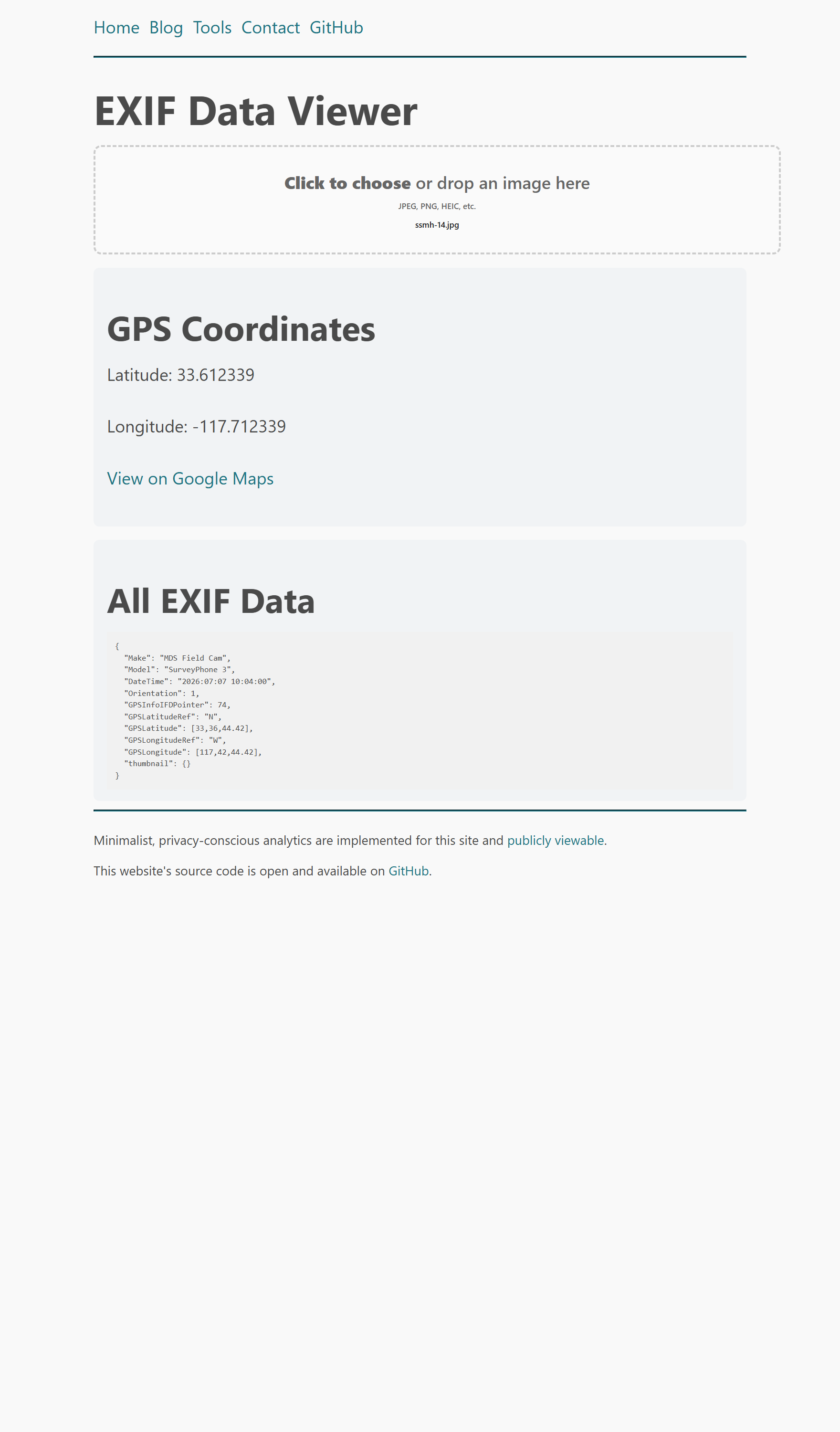 A browser window showing extracted GPS coordinates and EXIF metadata dumped from a local photograph