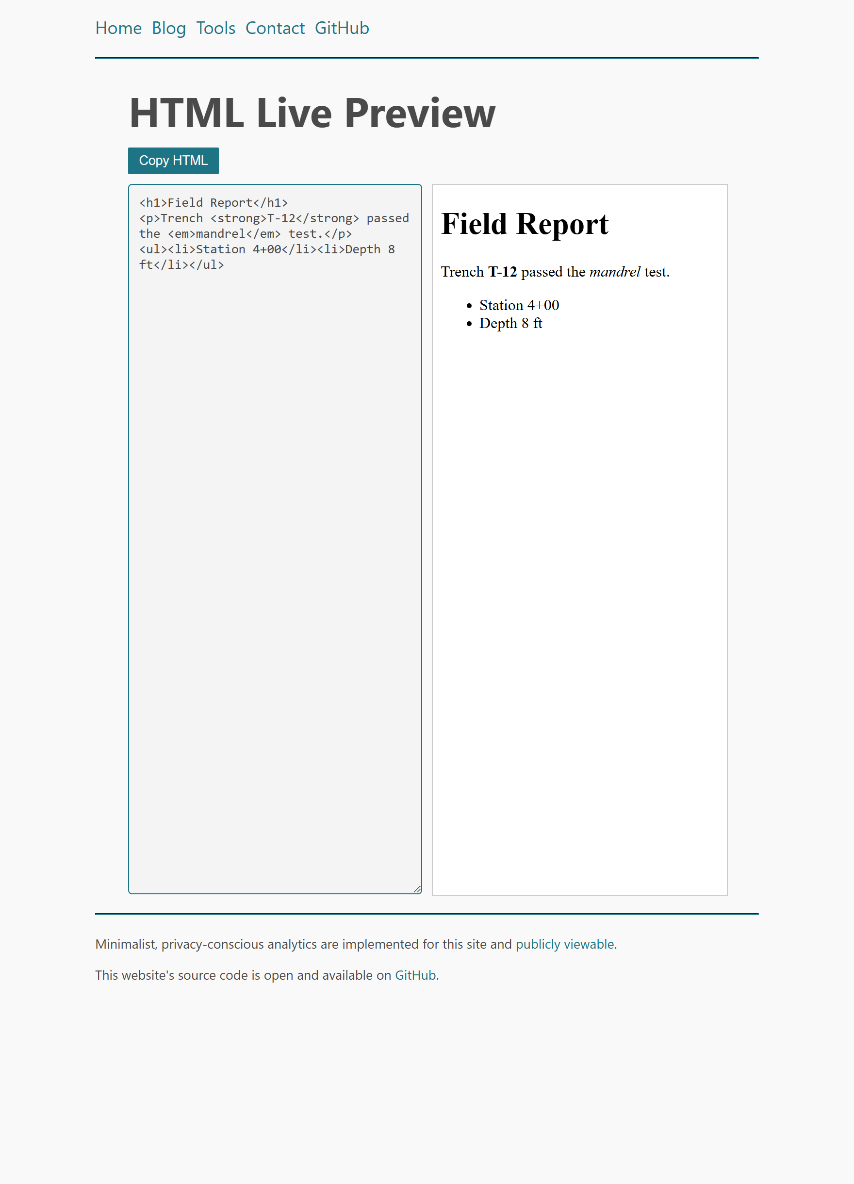 A split interface showing raw HTML on the left and its rendered output on the right