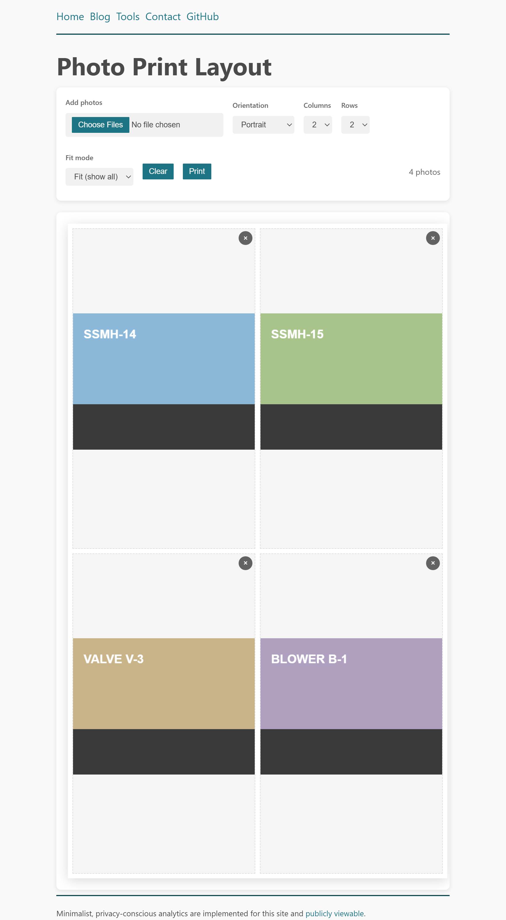 A browser window demonstrating a 2x2 structural photo layout optimized for printing
