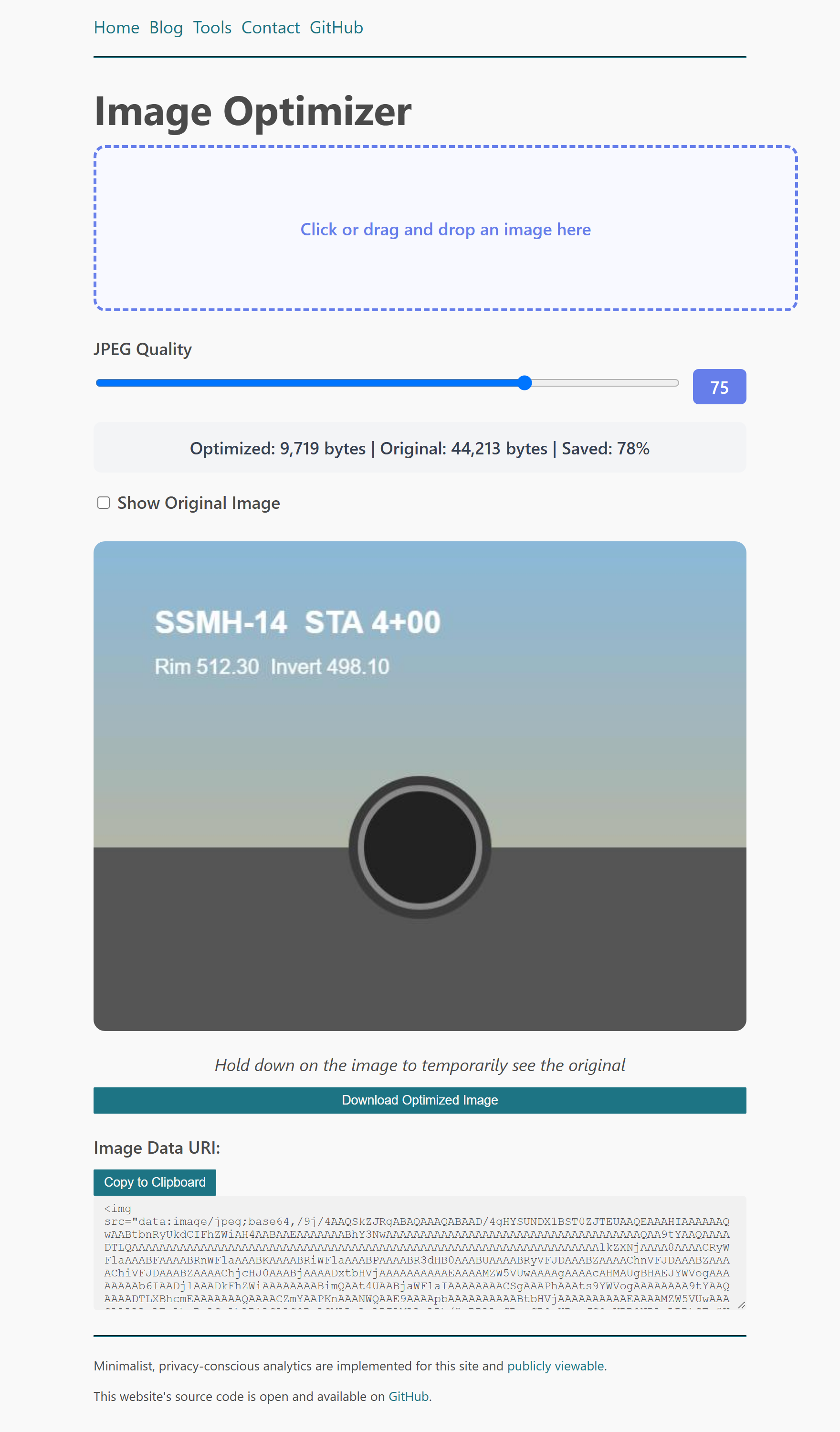 An interface showing an image before and after JPEG compression, detailing structural savings
