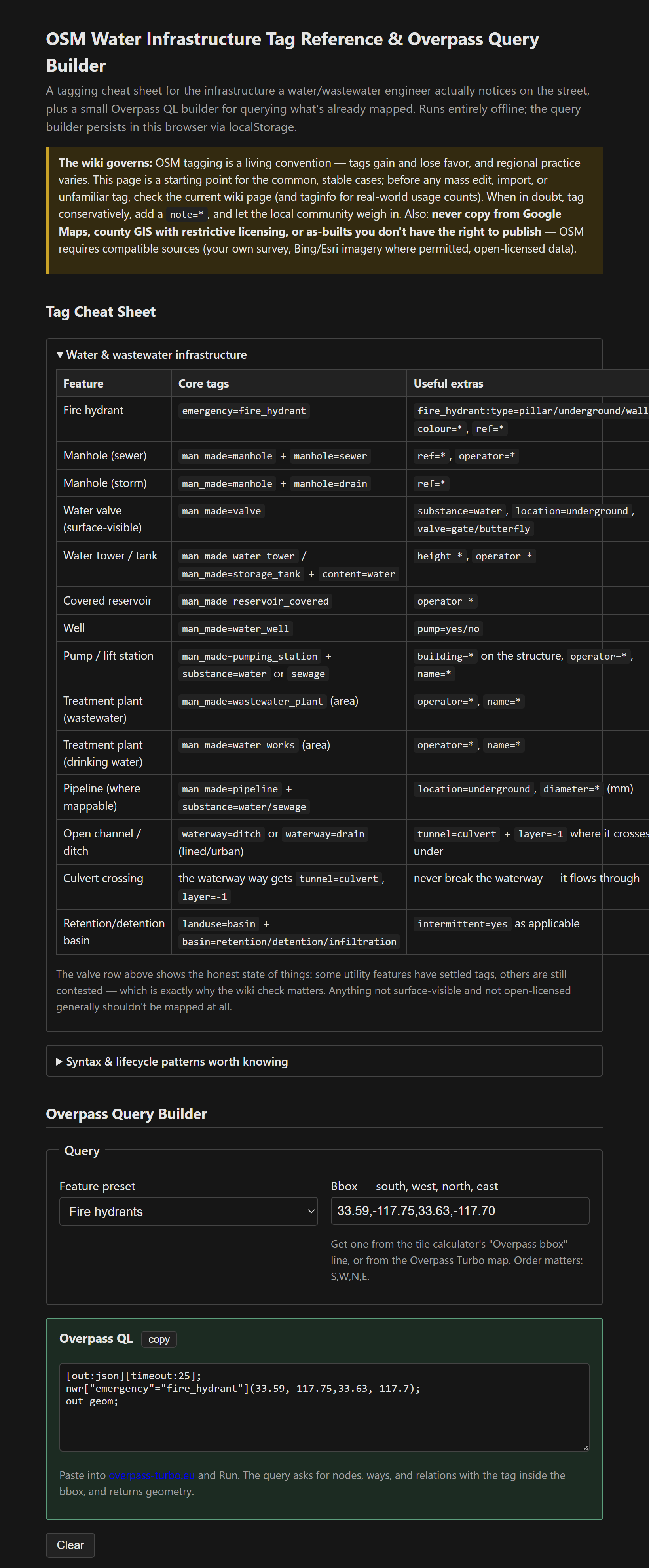 Tag reference table for water infrastructure with an Overpass QL query builder output below