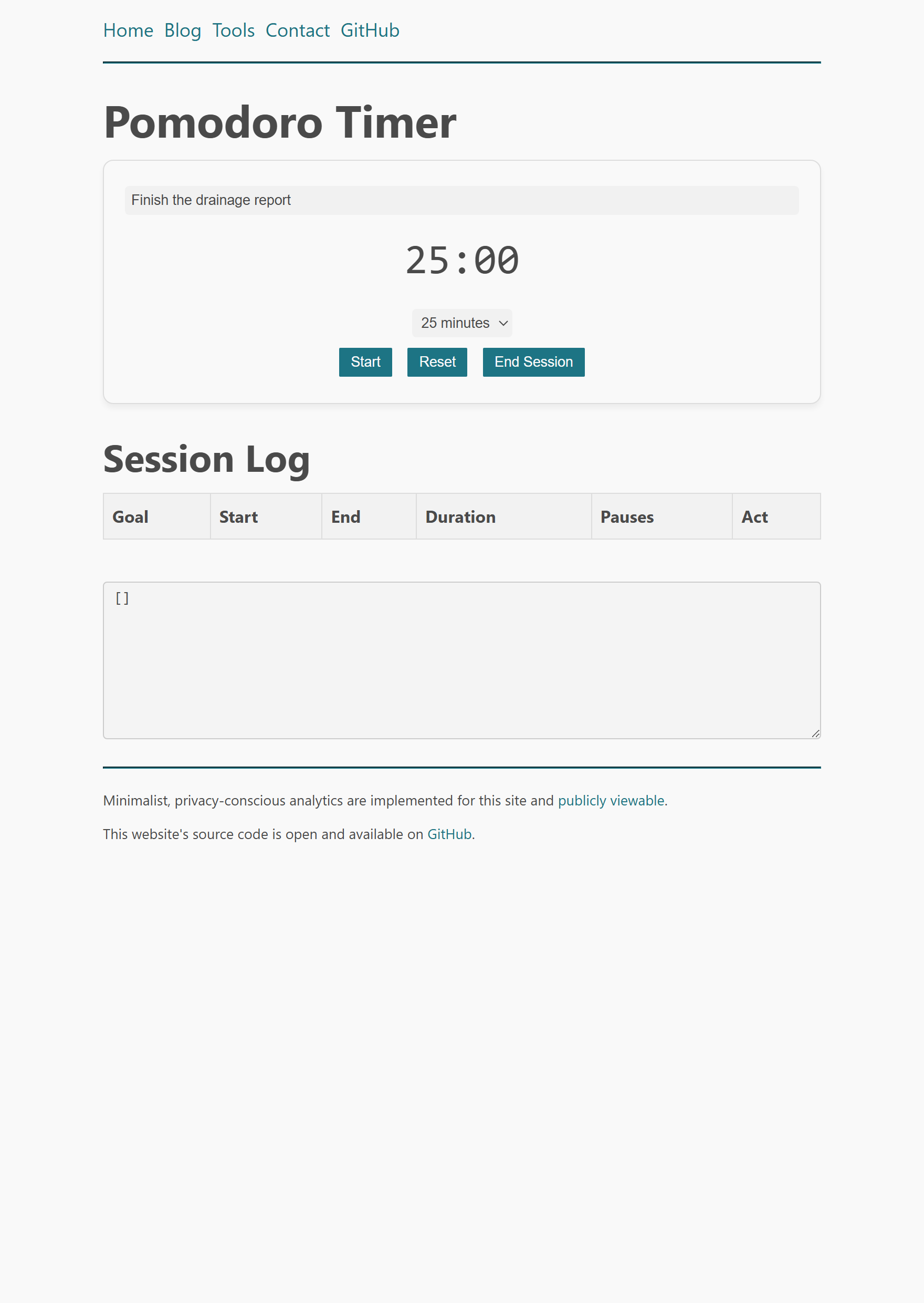 A minimalist timer counting down from 25 minutes, with a log of previous sessions below
