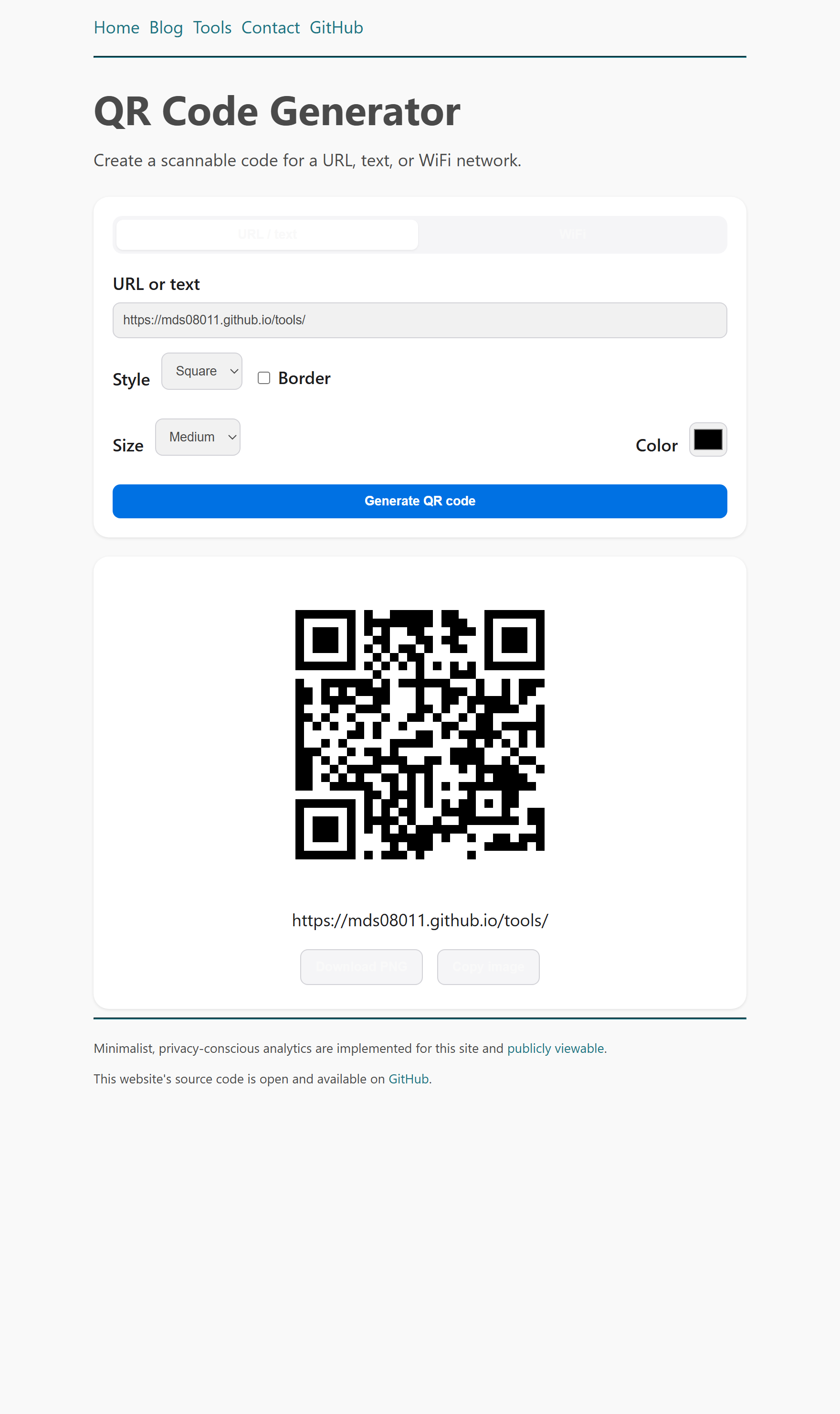 A matrix barcode displayed on an HTML5 canvas alongside configuration parameters