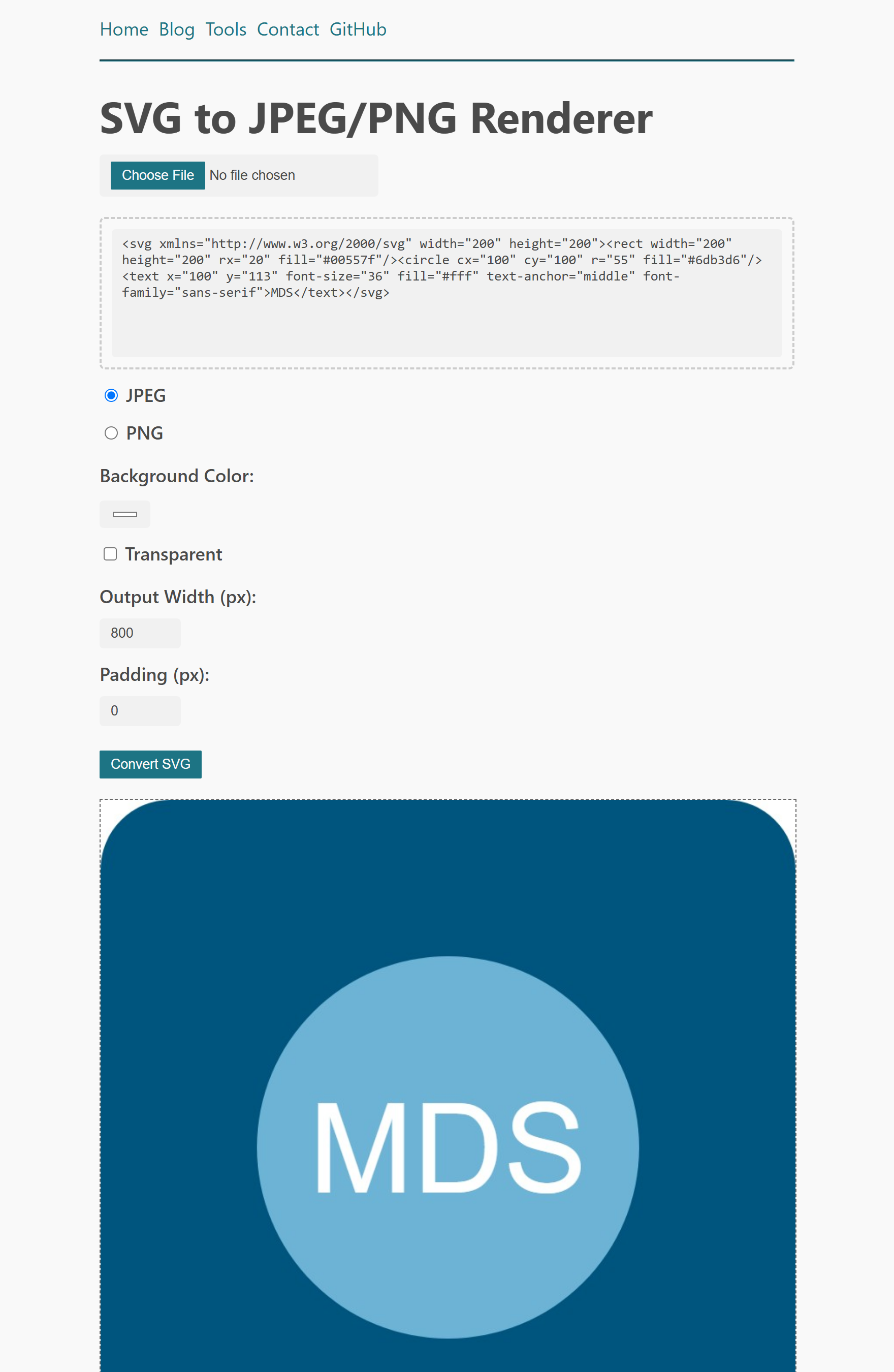 A web application generating a downloadable PNG artifact directly from raw SVG markup