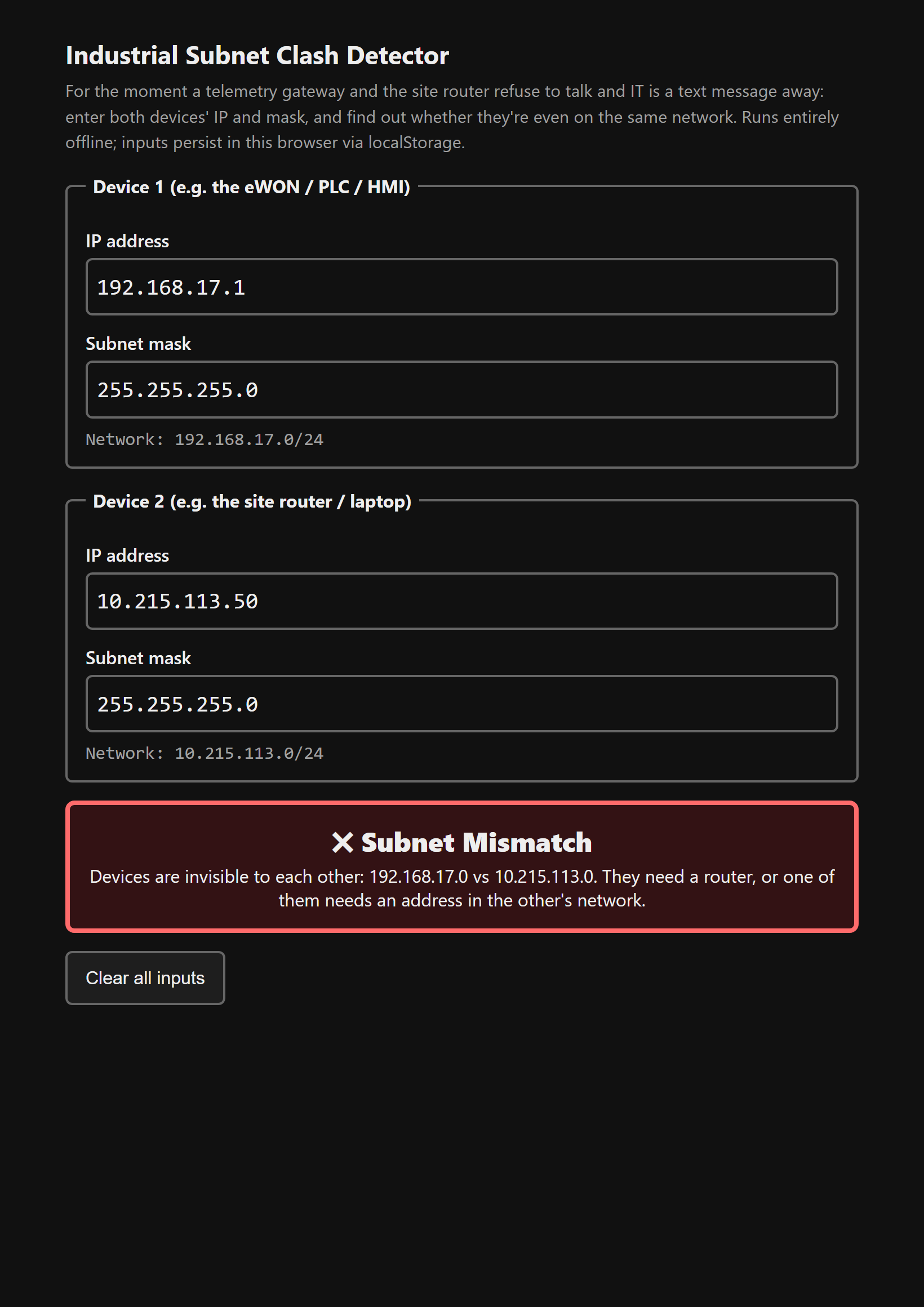 Two device IP and mask inputs with computed network addresses and a red Subnet Mismatch verdict panel