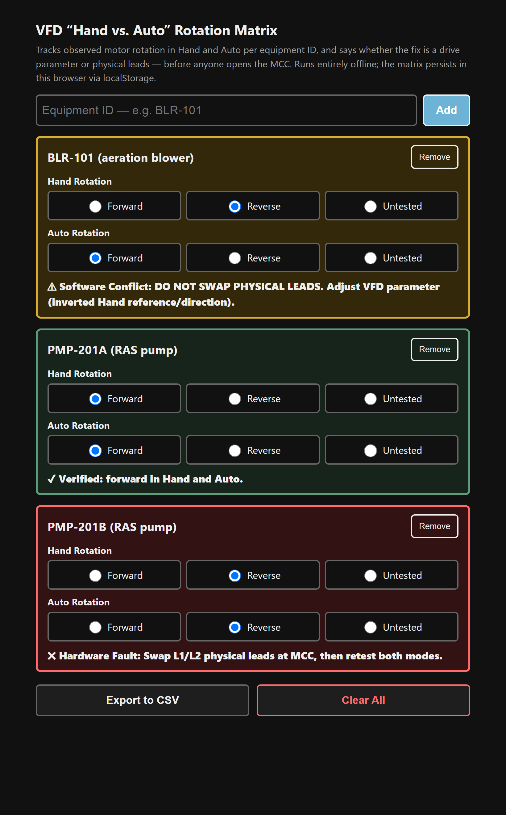 Equipment cards with Hand and Auto rotation radios, one highlighted yellow with a software-conflict warning