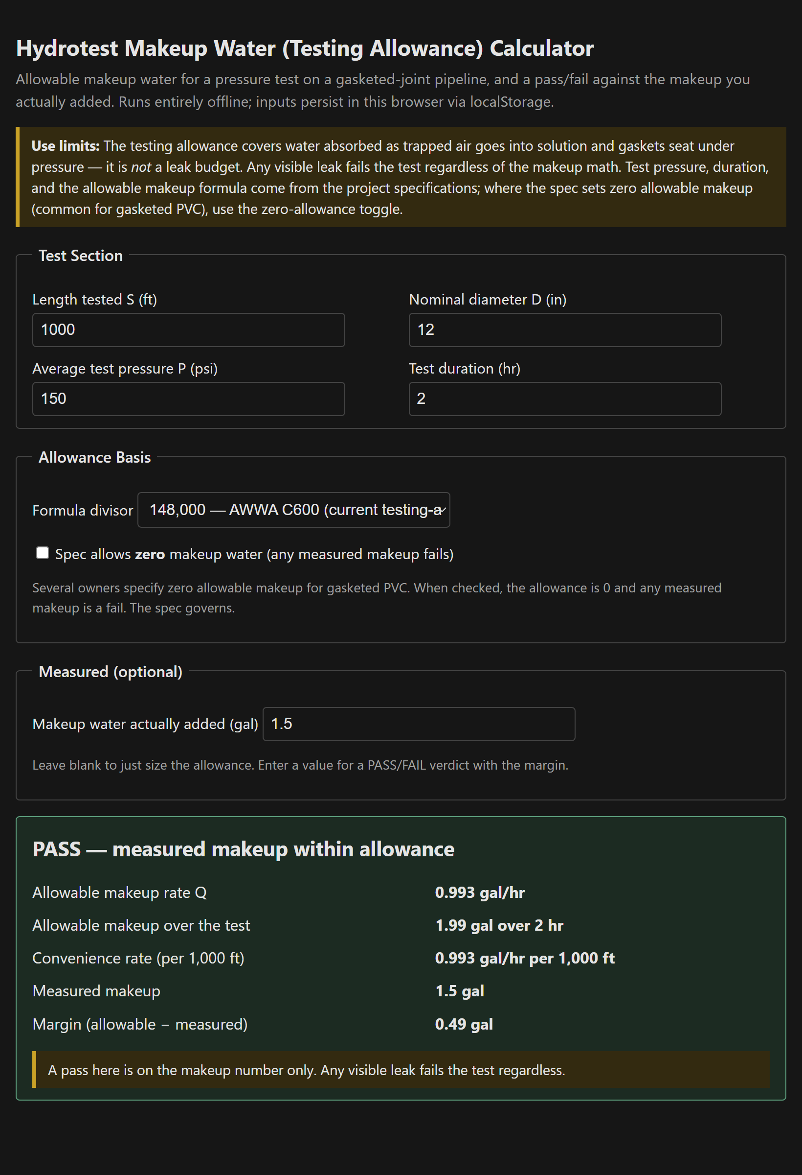 Calculator populated with 1000 ft of 12-inch at 150 psi over 2 hours, showing a 1.99-gallon allowance and a PASS verdict against 1.5 gallons measured