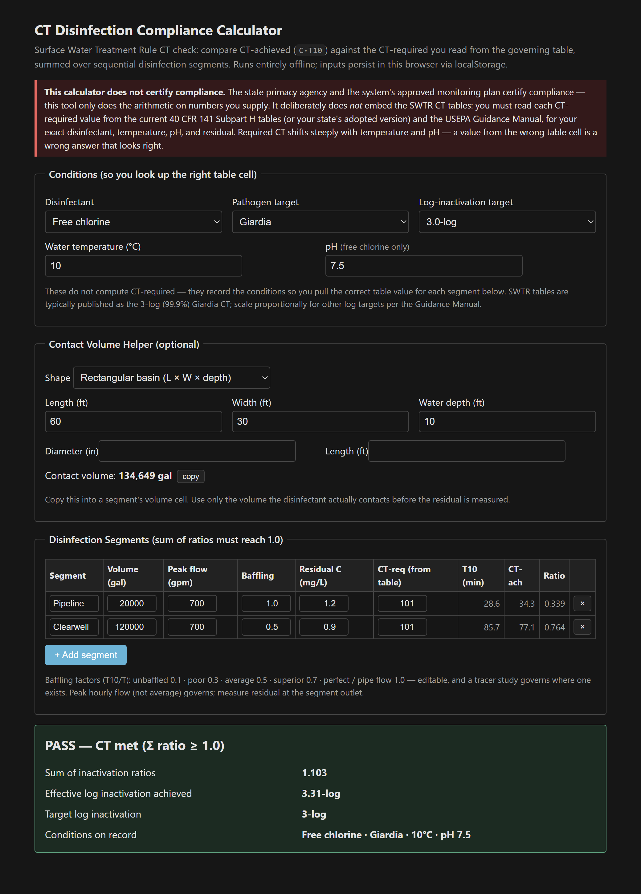 CT calculator with two segments (pipeline and clearwell), their T10, CT-achieved and ratios, and a PASS verdict with the ratios summing to 1.10